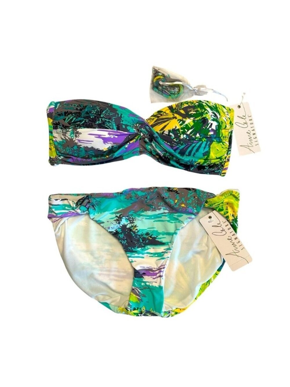 NWT Anne Cole | Green & Purple Tropical Print Swim 2 Piece Suit Set Size M/L